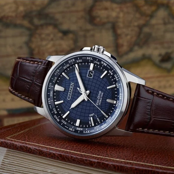 Citizen eco drive world time leather strap deals